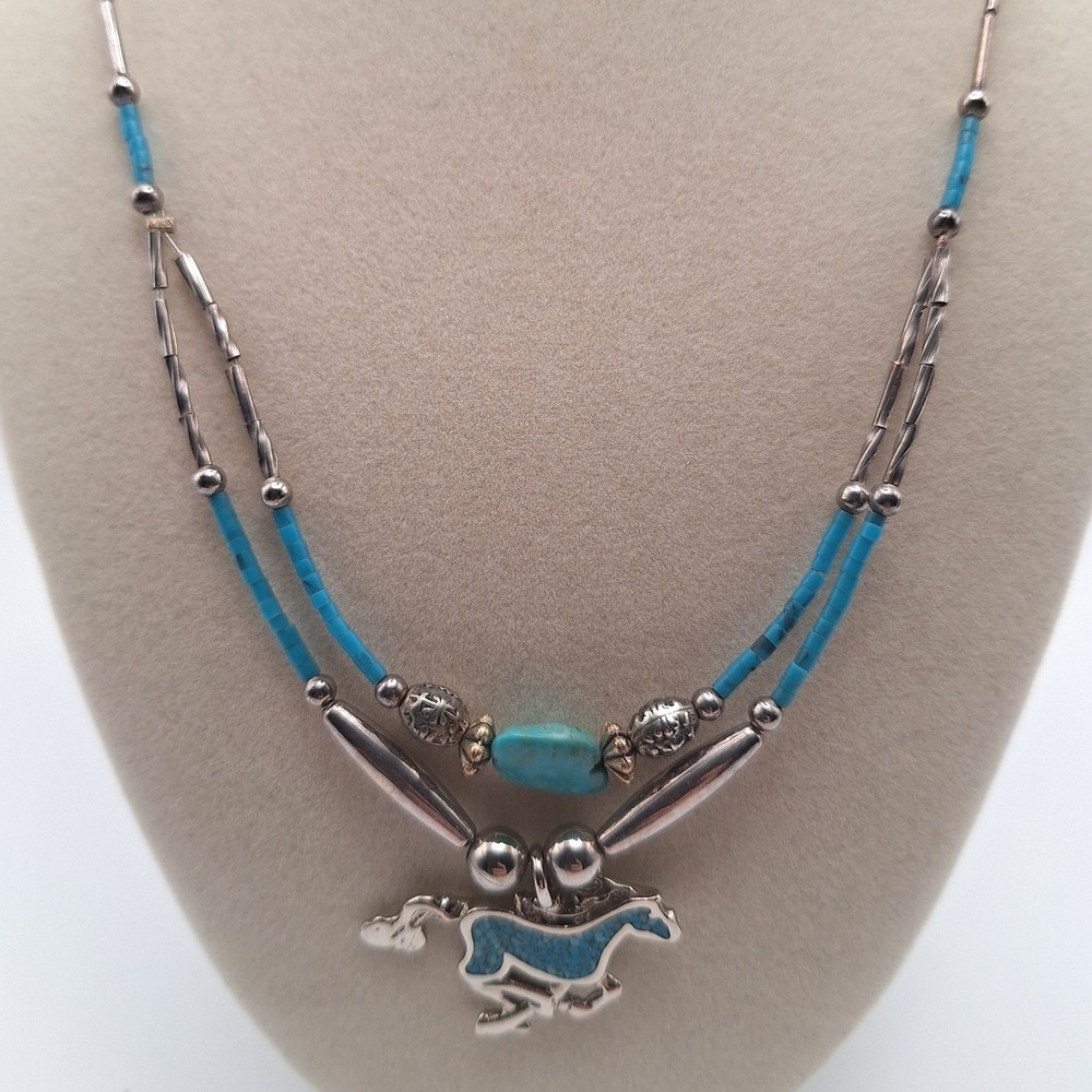 Southwestern horse heishi bead necklace turquoise chips multi strand silver tone